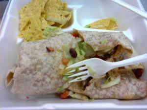 Low-Fat Veggie Burrito eaten at the mall...black beans, lettuce, pico de gallo on a wheat wrap.  Surprisingly healthy for the mall! Didn't eat the chips.